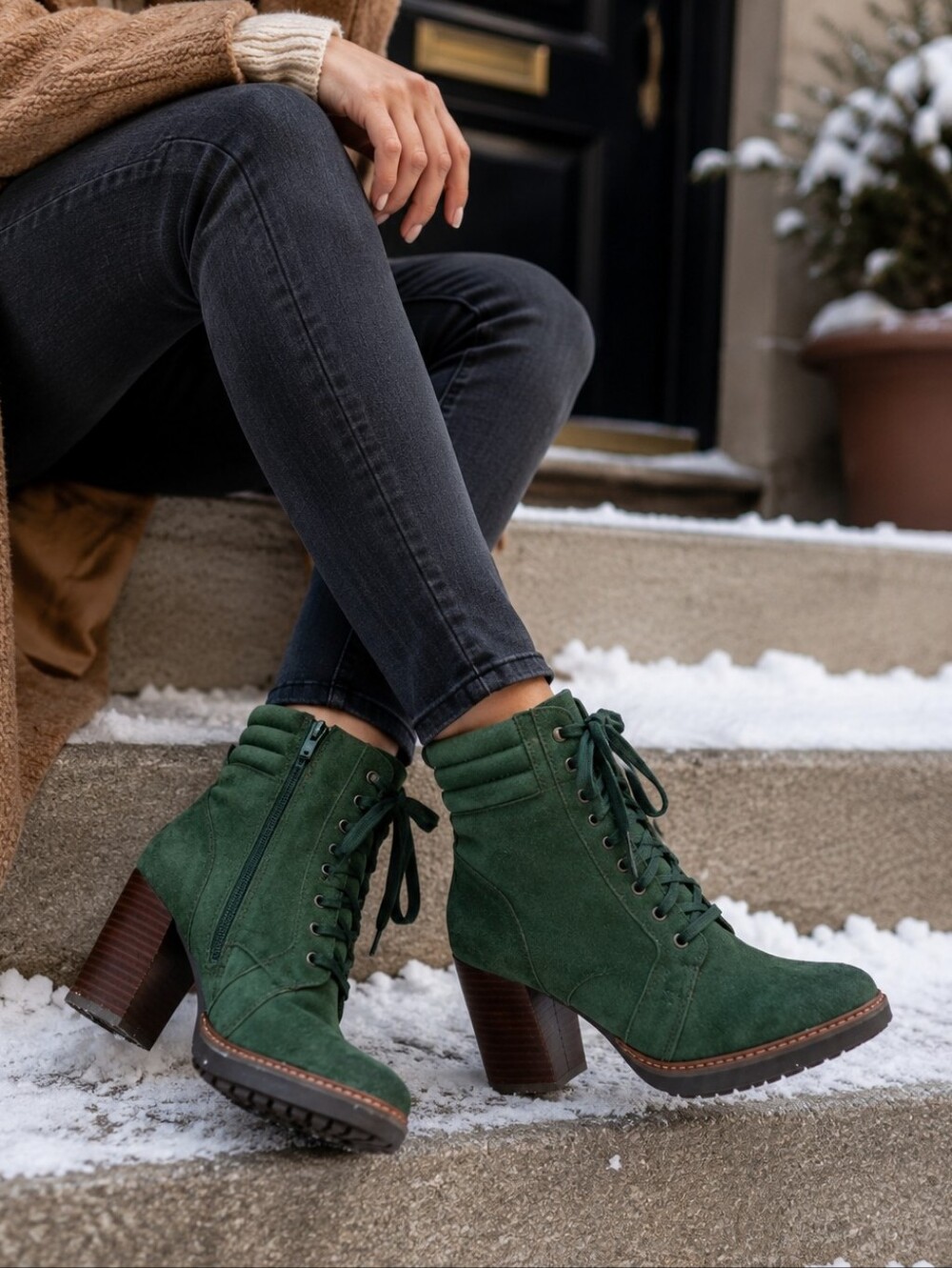 Naturalizer Suede Lace-Up Ankle Boots Block Heel Side Zip Women’s 8